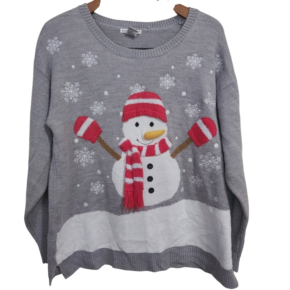 Reference Point Snowman Sweater Womens 1X Gray Ugly Christmas Holiday Snowflake